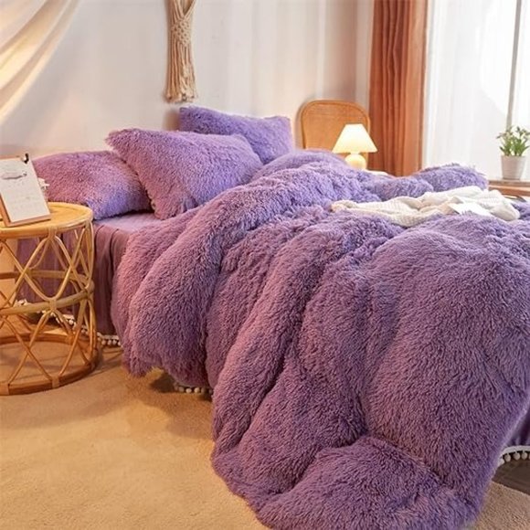 Fluffy Comforter Cover Queen Set，Faux Fur Purple Bedding Sets Queen OR King  3 P - Picture 4 of 7